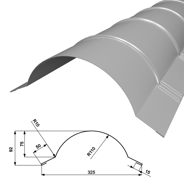 Конек полукруглый R110 (3000х416х0,45; Отб. с двух сторон; RAL (7047) Серо-белый (Отб_15х50х286х50хОтб_15))